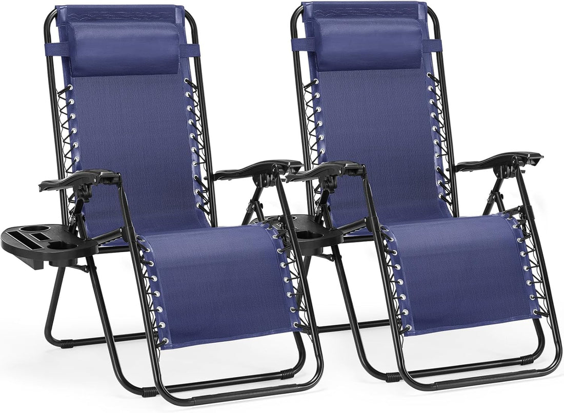 Zero Gravity Chairs, Set of 2 Portable Recliner Beach Camping Patio Outdoor Folding Lounge Chair with Cup Holder Trays and Adjustable Pillow for Poolside, Garden, Backyard, Lawn (Blue)