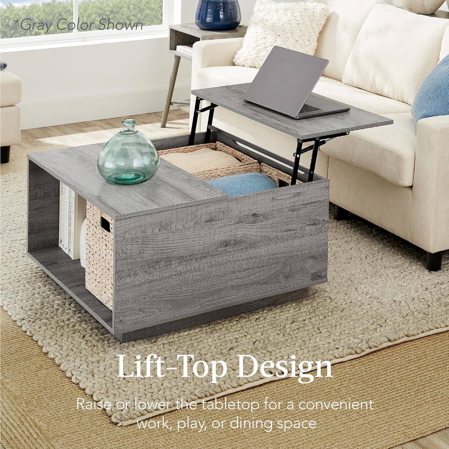 Square Lift Top Coffee Table, Wooden Rustic Modern Multifunctional Accent Table for Living Room W/Hidden Storage, Cubby, Non-Scratch Pads - Brown