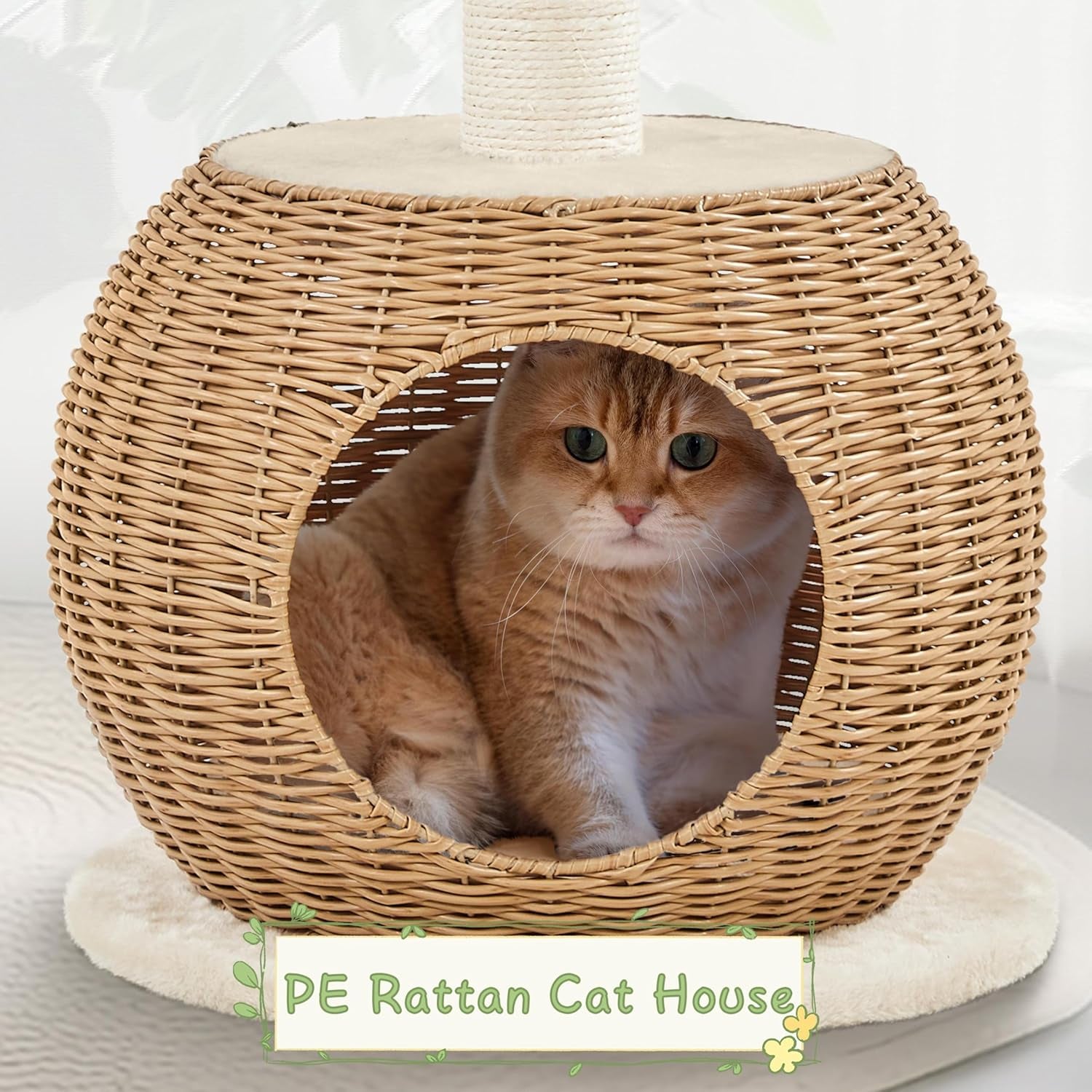 Cat Tree, 29.5In Rattan Cat Tower for Indoor Cats W/Scratching Post, Woven Cat Condo and Soft Cushion Top Perch, Aesthetic Cat Tree for Kittens