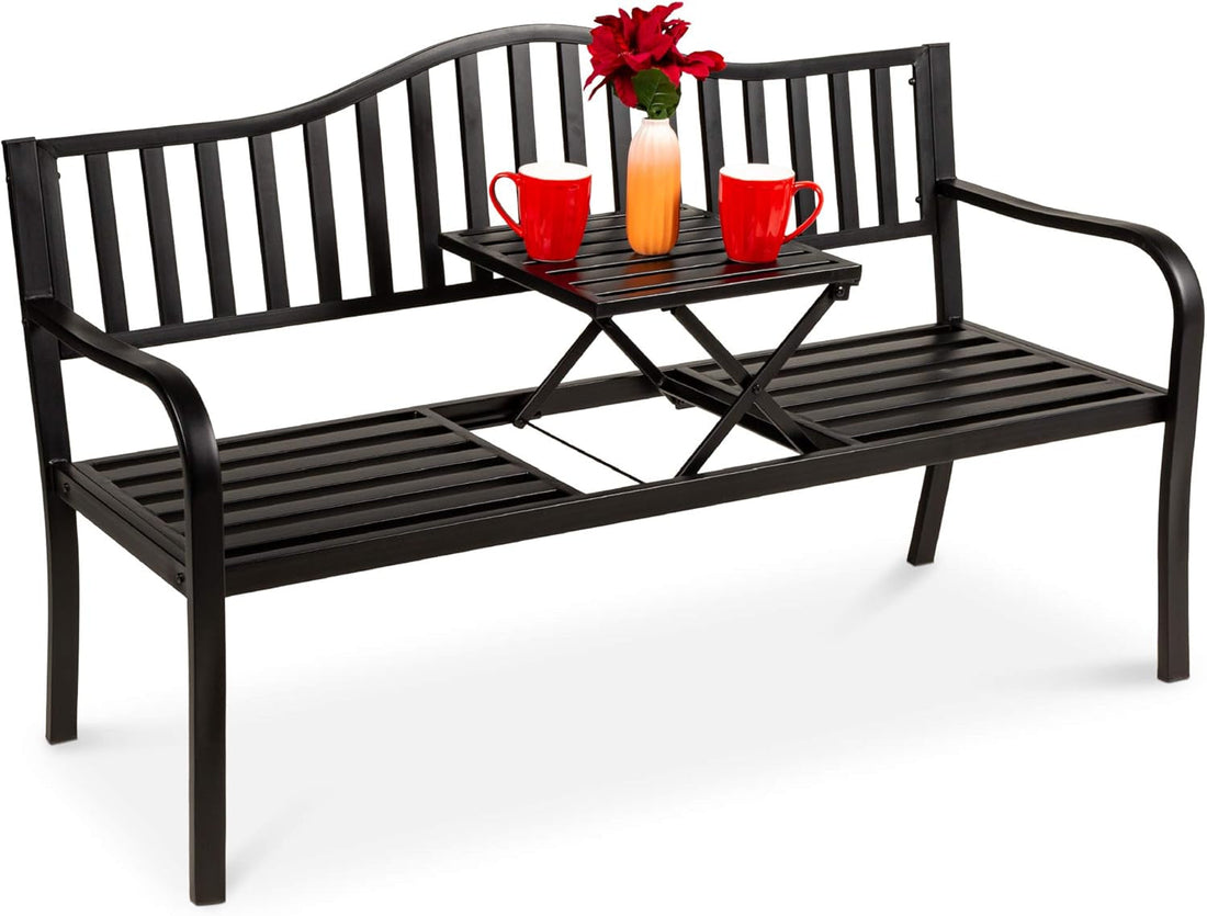 Outdoor Garden Bench with Pullout Middle Table, Double Seat Steel Metal for Patio, Porch, Backyard W/Weather- Resistant Frame, 600Lb Weight Capacity - Black