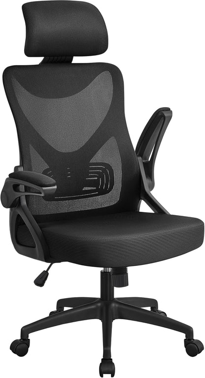 Ergonomic Mesh Office Chair, High Back Desk Chair with with Flip-Up Armrests, Adjustable Padded Headrest Computer Chair with Lumbar Support for Home Oiffce Game Room, White/Gray