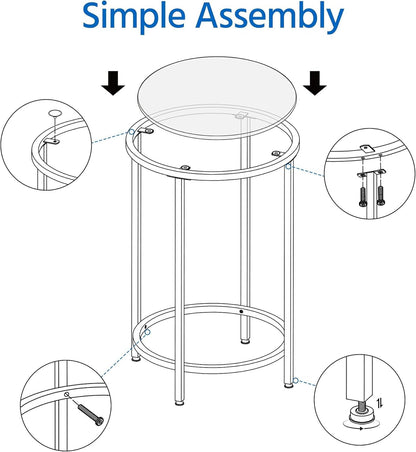 Glass End Table, round Side Table, Small Coffee Accent Table Nightstand W/Glass Top &amp; Metal Frame for Living Room/Balcony/Bedroom/Porch/Small Space, Modern Style, Black