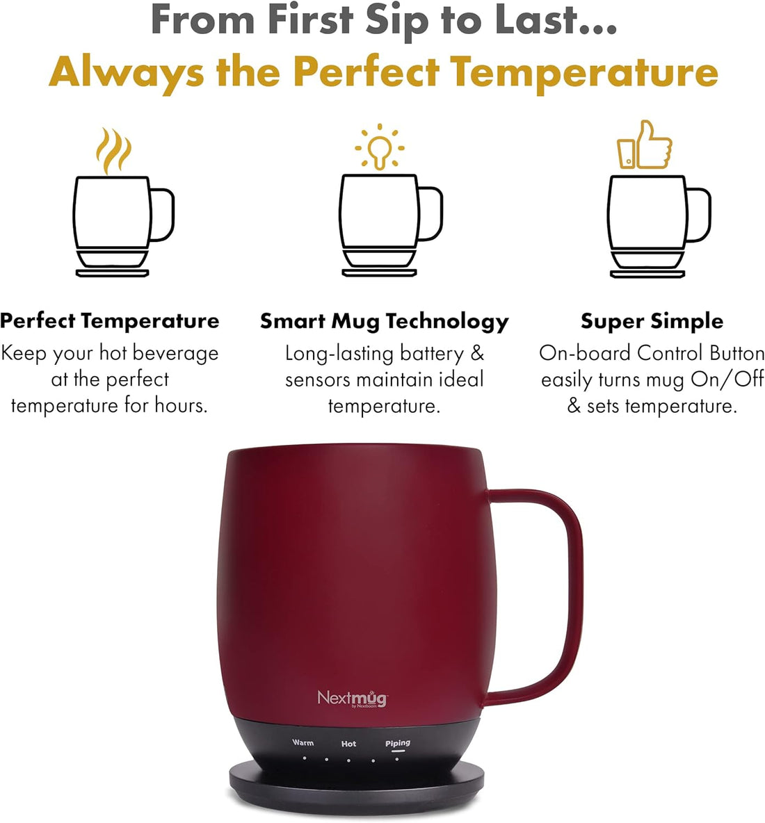 Nextmug - Temperature-Controlled, Self-Heating Coffee Mug (Burgundy - 14 Oz.)