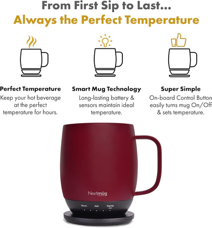 Nextmug - Temperature-Controlled, Self-Heating Coffee Mug (Burgundy - 14 Oz.)