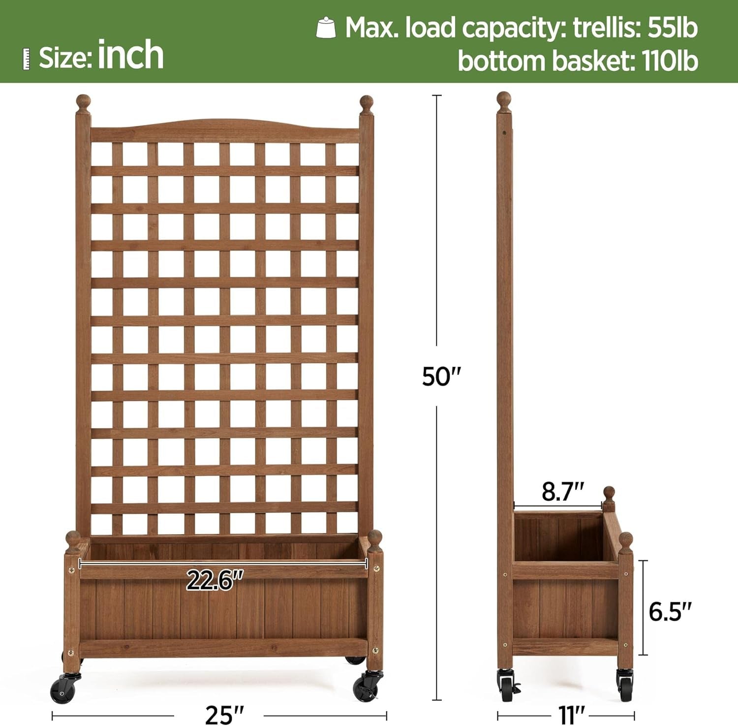 50&quot; H Raised Garden Bed with Trellis &amp; Wheels Standing Vertical Horticulture Planter Box for Vine Climbing Plants, Flowers, Herbs Brown