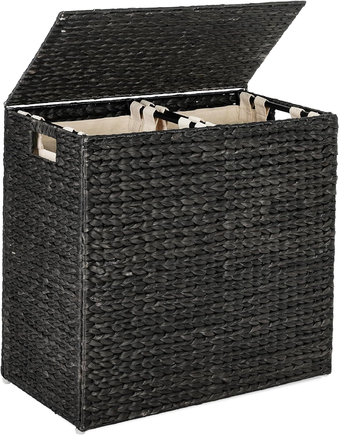 Large Double Laundry Hamper with Lid, Natural Handwoven Water Hyacinth, 2 Sections W/ 2 Machine Washable Linen Liner Bags, Portable, Handles - White