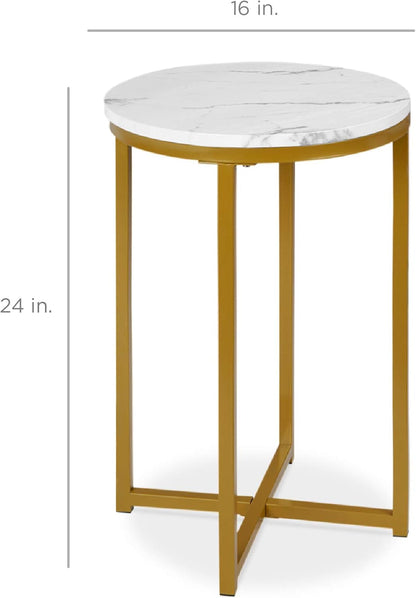 16In Faux Marble Accent Table, Modern End Table, Small Coffee Table Home Decor for Living Room, Dining Room, Tea, Coffee W/Metal Frame, Foot Caps, Designer - White/Bronze Gold