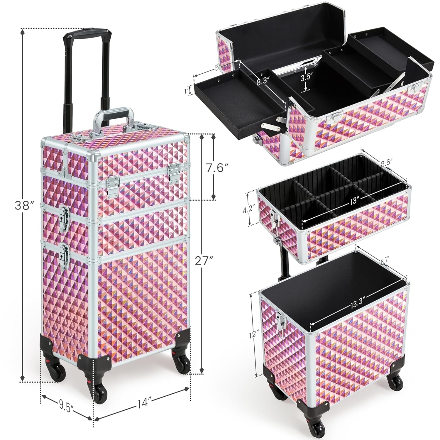 Rolling Makeup Train Case 3 in 1 Cosmetic Case Large Capacity Organizer with Swivel Wheels Key Cosmetic Trolley for Nail Tech Makeup - Pink