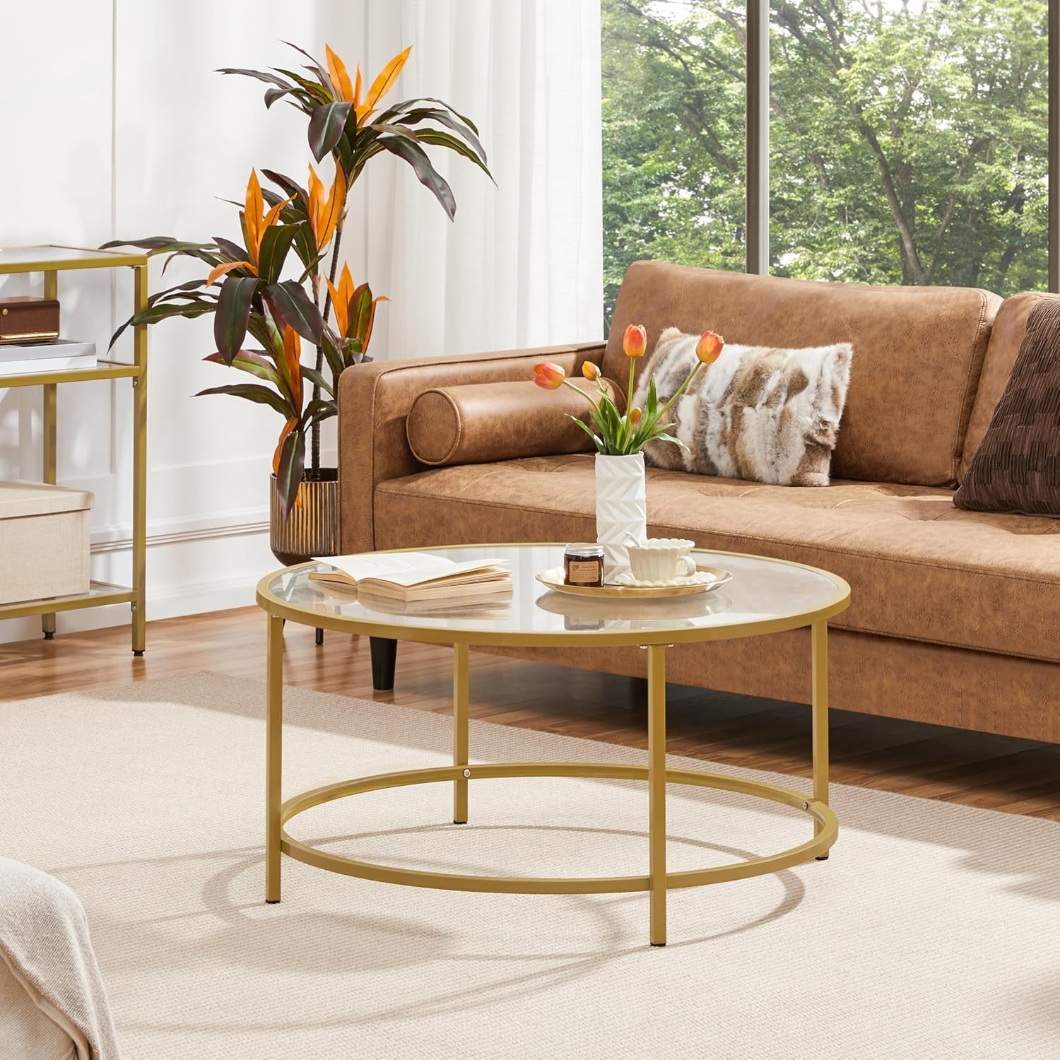 Gold Glass Coffee Table for Living Room, 36&quot; round Glass Coffee Table with Metal Frame, Circle Coffee Table for Home, Office, Apartment