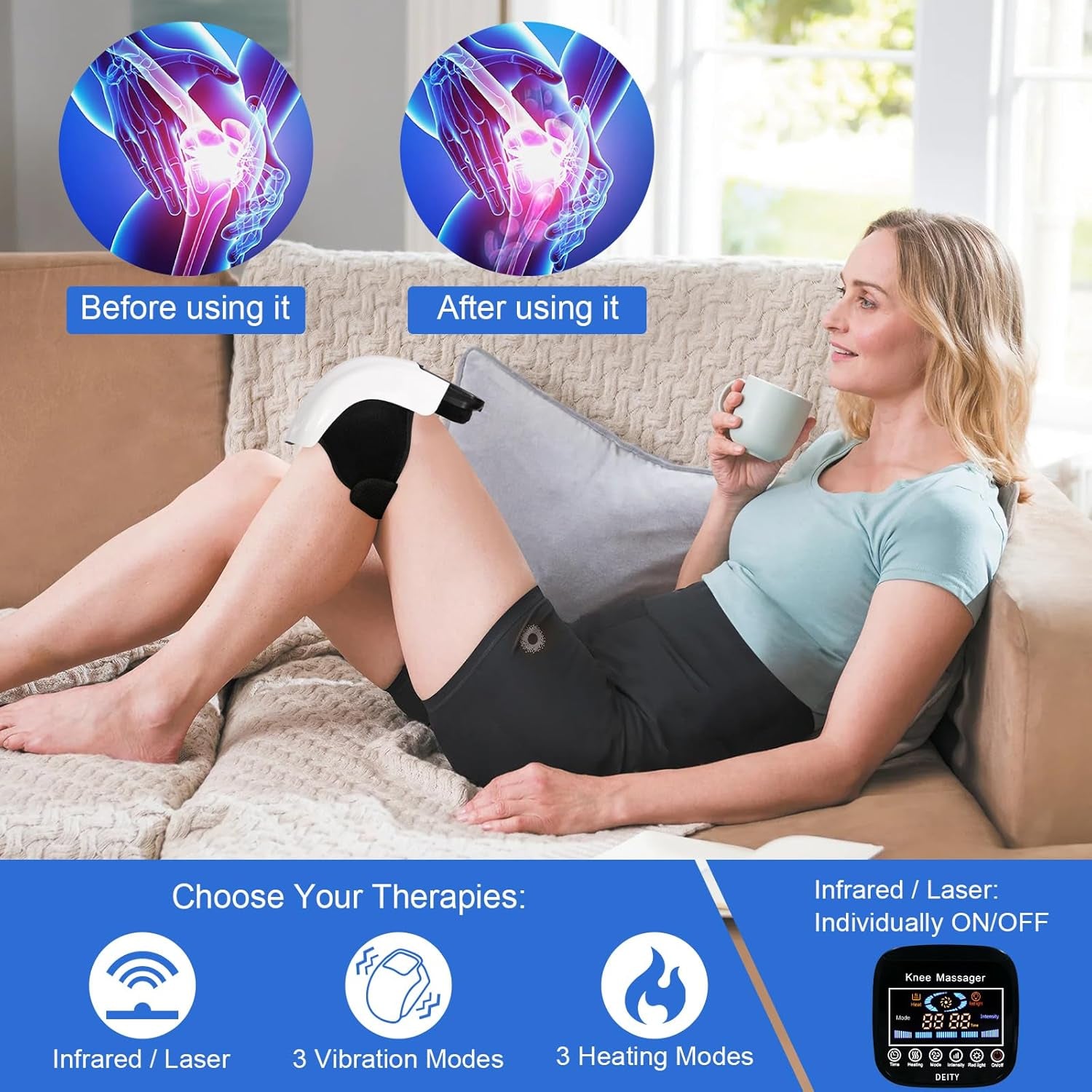 Knee Massager 3 in 1, Adjustable Temperature, Vibration, 3D Massage, Cordless Portable Knee Massager with LED Large Screen, Gift Option