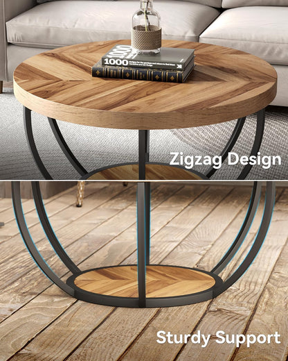 round Coffee Table, 32&quot; Circle Coffee Table for Living Room, 2-Tier Wood Accent Center Table with Open Storage Industrial Design Home Furniture (Wood Grain and Black)