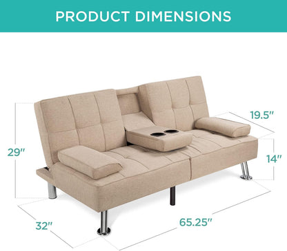 Linen Modern Folding Futon, Reclining Sofa Bed for Apartment, Dorm W/Removable Armrests, 2 Cupholders - Beige