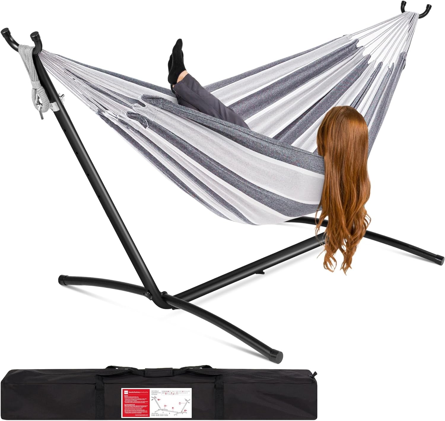 Double Hammock with Steel Stand, Indoor Outdoor Brazilian-Style Cotton Bed W/Carrying Bag, 2-Person Capacity - Desert Stripes