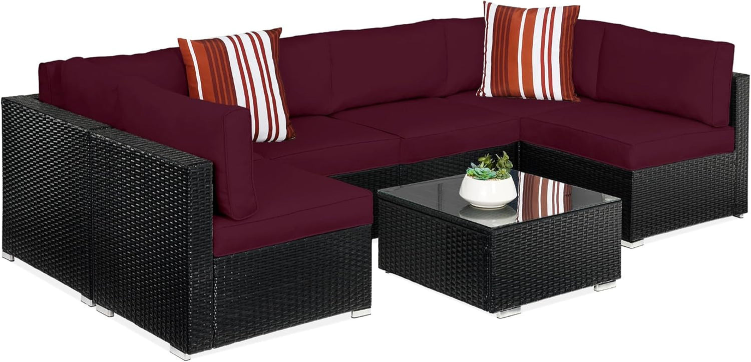 7-Piece Modular Outdoor Sectional Wicker Patio Conversation Set W/ 2 Pillows, Coffee Table, Cover Included - Gray/Navy