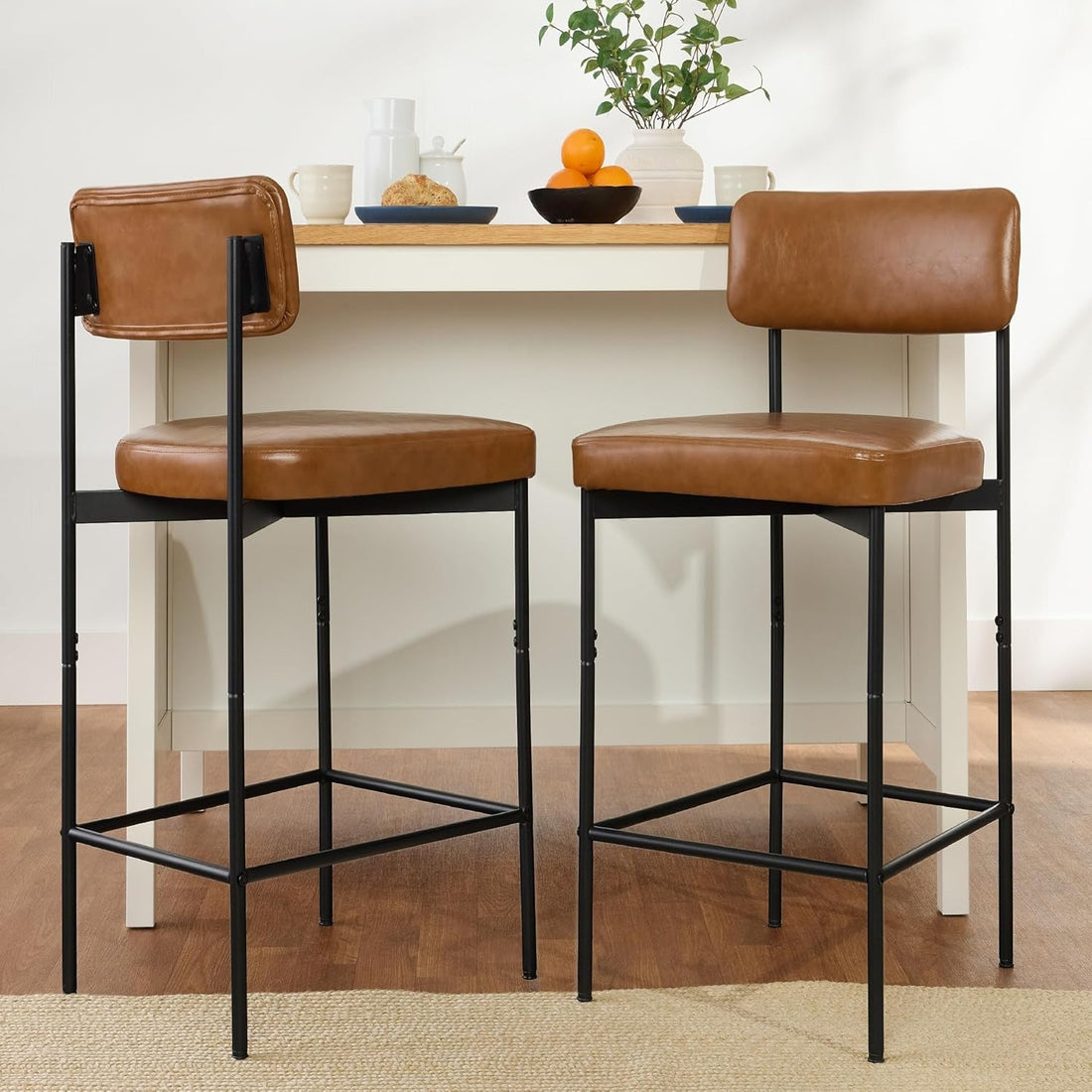 Set of 2 Faux Leather Bar Stools, Armless Counter Height for Kitchen Island, Home, Dining W/Metal Frame - Camel Brown