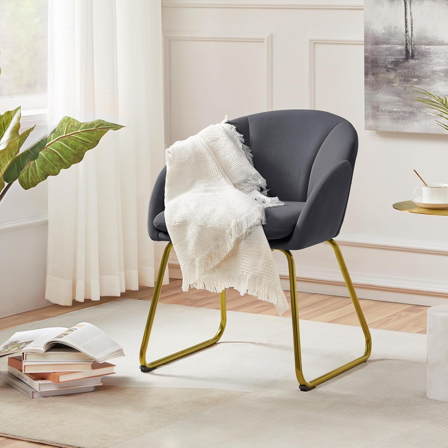 Flower Shape Velvet Armchair, Modern Side Chair Vanity Chair with Golden Metal Legs for Living Room/Dressing Room/Bedroom/Home Office/Kitchen, Dark Gray