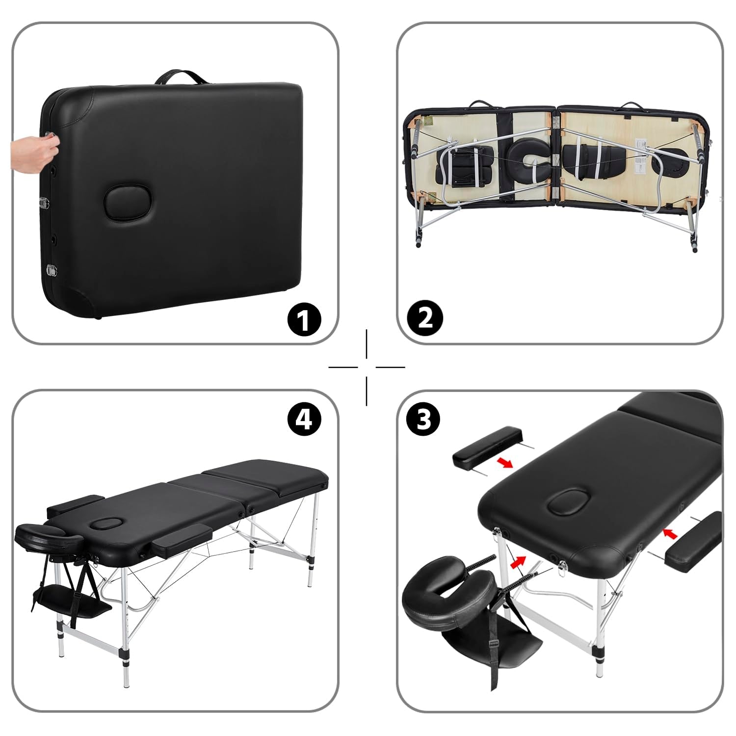 Massage Tables Portable Tattoo Table Adjustable Lash Bed Aluminium 3 Folding Spa Bed with Non-Woven Bag 24 Inch Wide Black