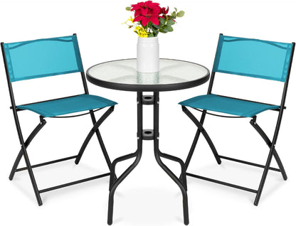 3-Piece Patio Bistro Dining Furniture Set W/Glass Tabletop, 2 Folding Chairs, Steel Frame, Polyester Fabric - Gray