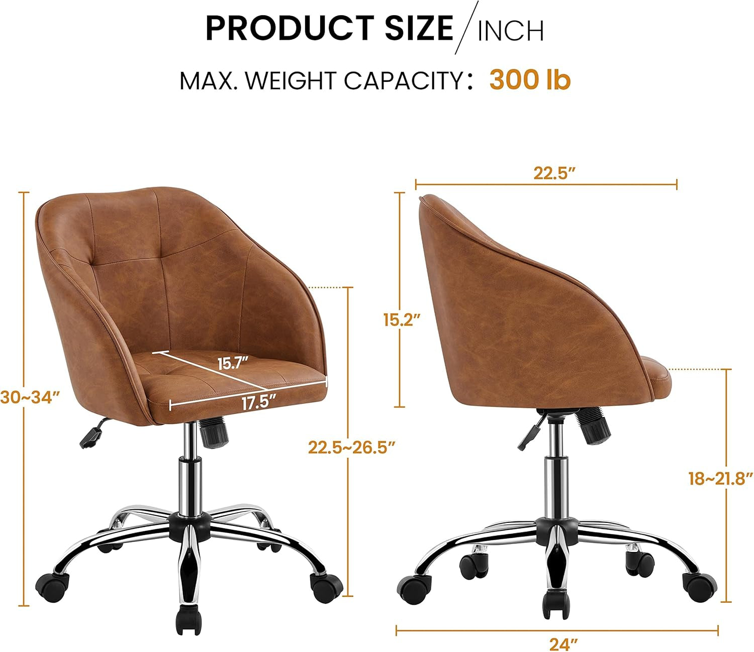 Faux Leather Desk Chair, Makeup Vanity Chair with Adjustable Tilt Angle, Swivel Office Chair Upholstered Armchair Study Chair for Bedroom and Makeup Room Retro Brown