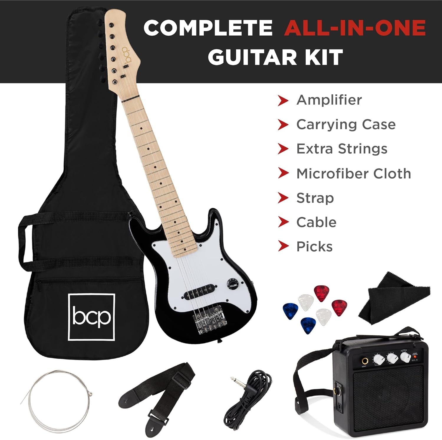 30In Kids Electric Guitar Beginner Starter Kit W/ 5W Amplifier, Strap, Gig Bag, Strings, Picks - Black