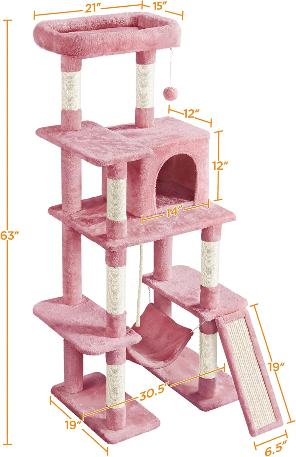 Cat Tree Cat Tower, 63In Multi-Level Cat Tree for Indoor Cats, Tall Cat Tree W/Sisal-Covered Scratching Posts &amp; Condo, Cat Furniture Activity Center for Cats Kitten, Pink