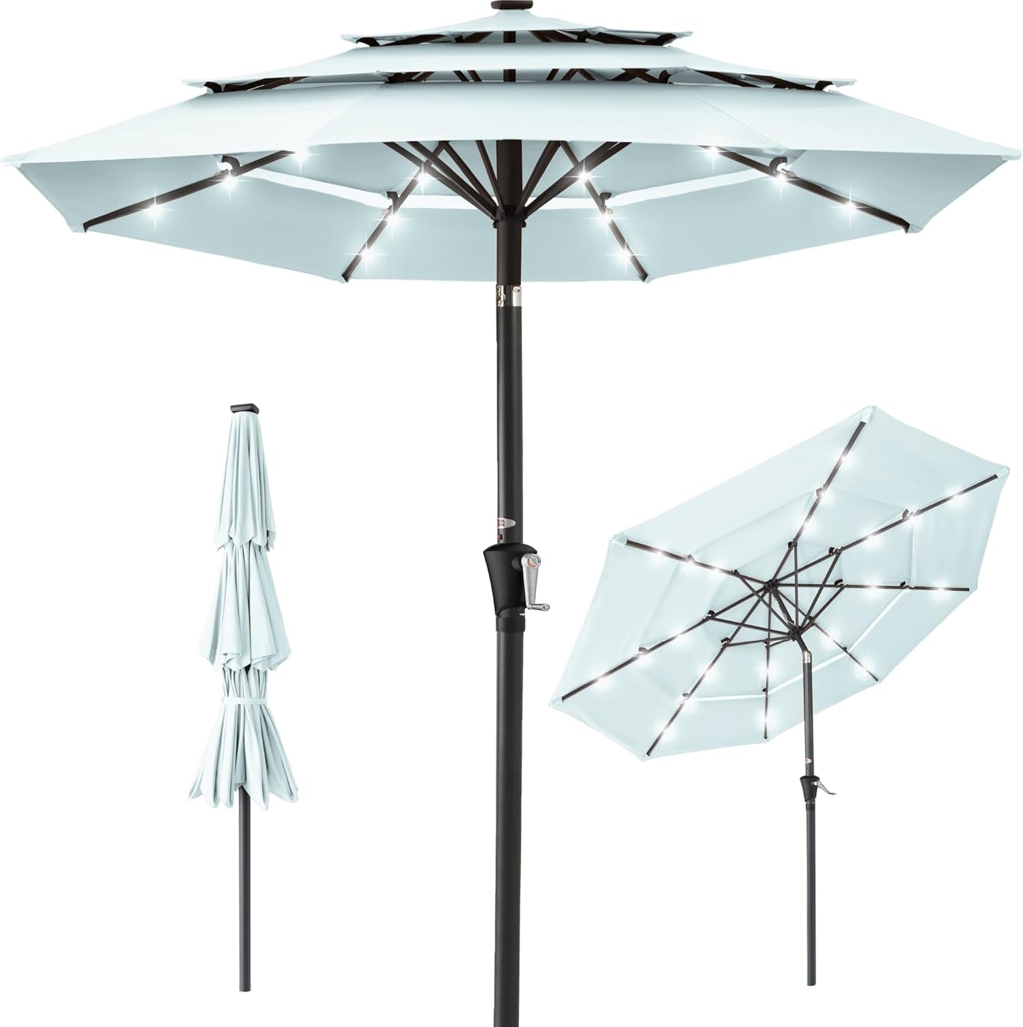 10Ft 3-Tier Solar Patio Umbrella, Outdoor Market Sun Shade for Backyard, Deck, Poolside W/ 24 LED Lights, Tilt Adjustment, Easy Crank, 8 Ribs - Tan