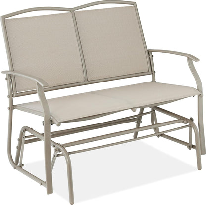 2-Person Outdoor Patio Swing Glider Steel Bench Loveseat Rocker for Deck, Porch W/Textilene Fabric, Steel Frame - Ivory/Gray