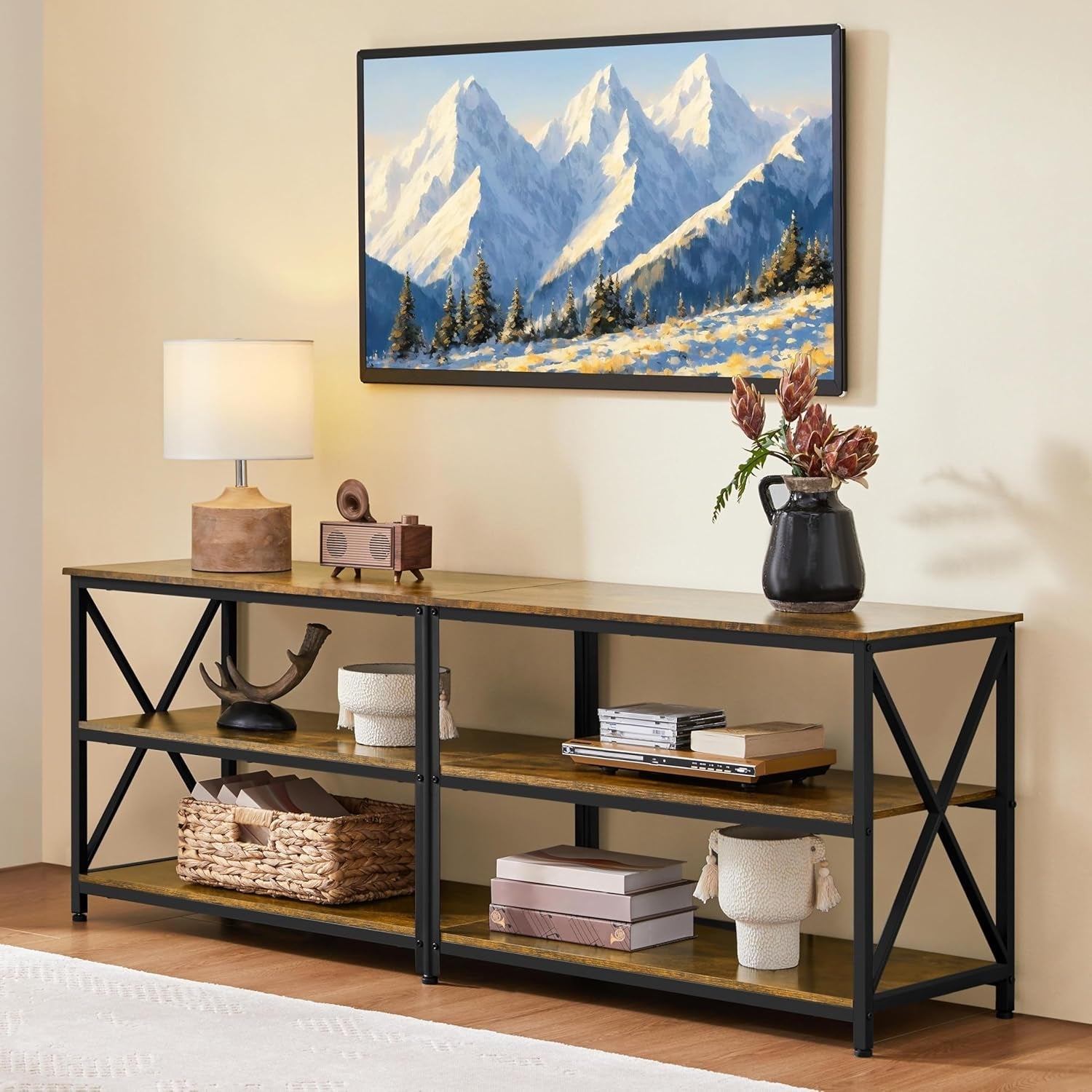 TV Stand for Tvs up to 70 Inches, Entertainment Center with 3-Tier Wooden Storage Shelves TV Console for Living Room, Rustic Brown