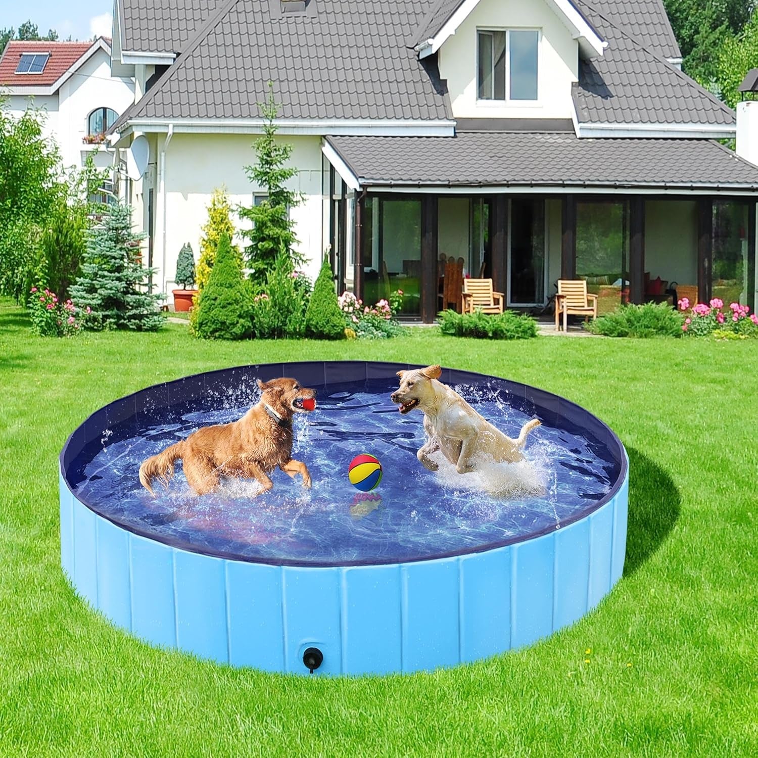 Foldable Dog Pool 63 X 12 Inches Collapsible Hard Plastic Pet Swimming Pool Portable Dog Bath Tub Puppy Cat Shower Pet Wading Pool for Outdoor/Indoor W/Pet Repair Patches, Blue