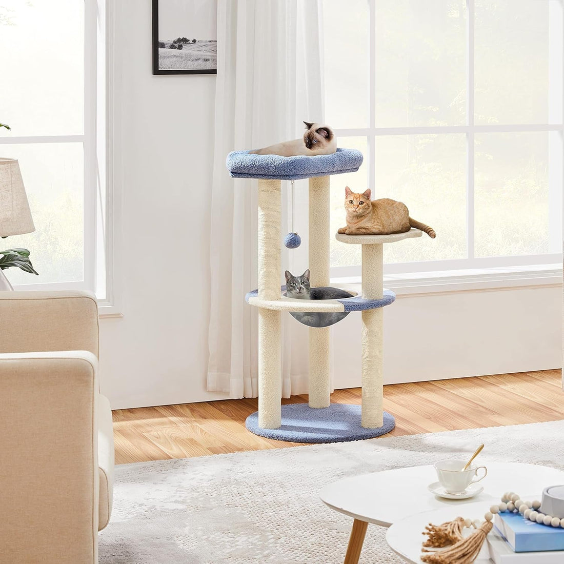 Cat Tree, 35.5In Cat Tower for Indoor Cats, Cat House with Scratching Posts &amp; Padded Perch &amp; Space Capsule, Cute Cat Tree, Cat Furniture for Kittens, Blue/Beige