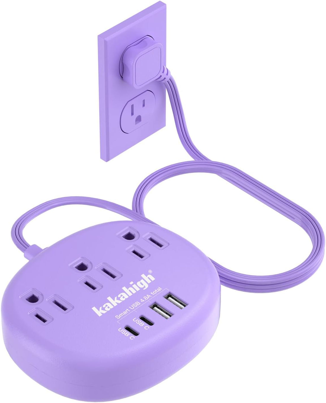 Purple Extension Cord with Surge Protected 1080J - 5 FT Flat Extension Cord, 1625W Cute Extension Cord with 3 AC Outlet 4 USB (24W/4.8A), Compact for Cute Purple Kawaii Lavender Desk Accessories, ETL