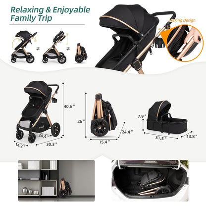 6-In-1 Convertible Baby Stroller with Bassinet Mode - Toddler Stroller W/Footmuff, Rain Cover, Cup Holder &amp; Large Storage, Newborn Stroller W/All-Scene Large Wheels, Reversible Seat(Black)