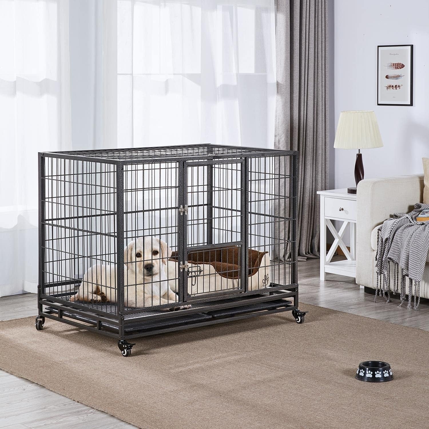 42-Inch Dog Crate Heavy Duty Metal Dog Crate for the House Indoor Dog Kennel for Small/Medium/Large Dogs W/Double Doors &amp; Locks &amp; Double Tray &amp; Lockable Wheels Pet Cage Black