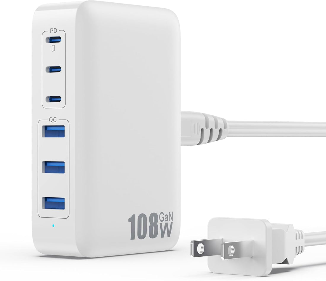 USB C Charger Block Charging Station,108W Gan III 6 Port 3Xqc+3Xpd Wall Charger Adapter Plug Cube,Super Fast Type C Charging Hub Box for Iphone 16 15 14 13 12 Pro Max Ipad Samsung Pixel 5Ft Cord-White