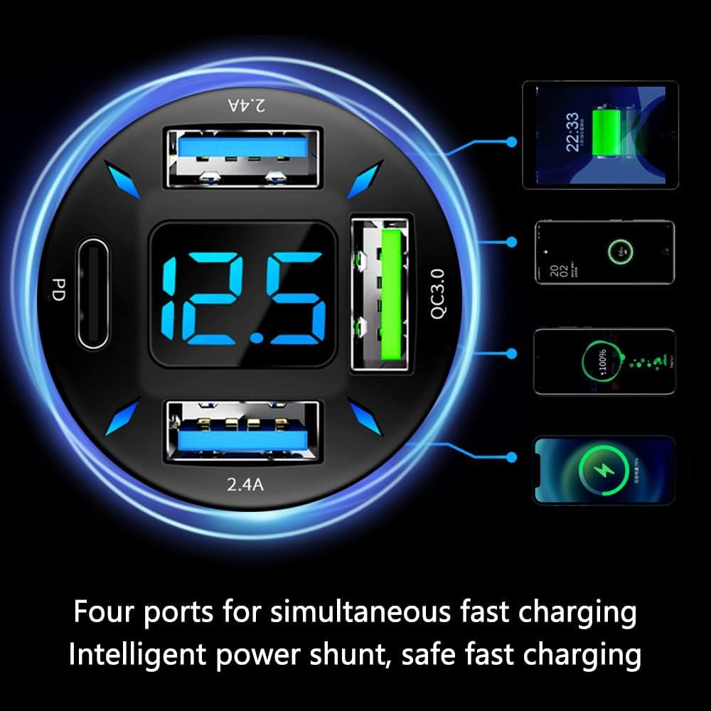 Car Charger 66W Super Fast Charging with USB PD&amp;QC 3.0(Voltmeter&amp;Led Lights) Universal Quick Charge for 12-24V Car Cigarette Lighter Plug,Compatible with Iphone 14 13 12,S22 S21 S20,Ipad(Black)