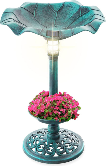 Outdoor Solar Lighted Pedestal Bird Bath Fountain Decoration W/Planter, Integrated Panel, Scroll Accents for Lawn, Garden - Bronze