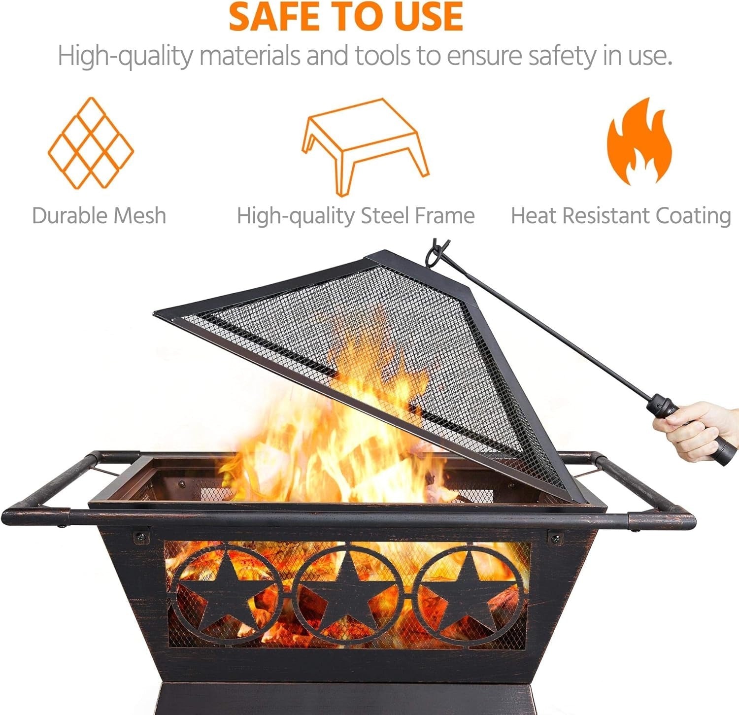 32In Outdoor Fire Pit Metal Square Firepit Wood Burning Backyard Patio Garden Beaches Camping Picnic Bonfire Stove with Spark Screen, Log Poker