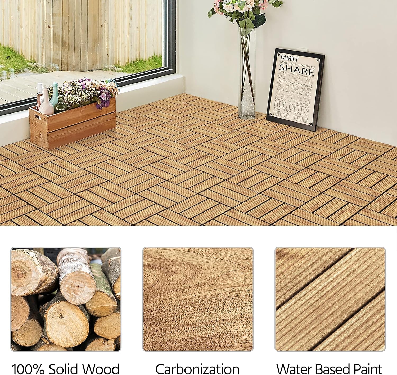 Patio Tiles Wooden Interlocking Deck Tiles 27PCS Garden Floor 12&quot;X12&quot;Indoor Outdoor Composite Decking for Porch Poolside Balcony Backyard1 Sq. Ft/Piece, Natural Wood