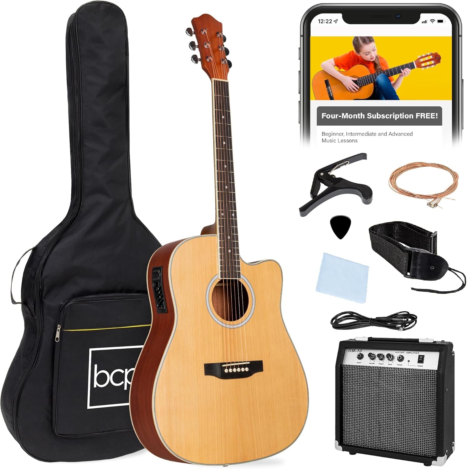 Beginner Acoustic Electric Guitar Starter Set W/ 41In, All Wood Cutaway Design, Case, Strap, Picks - Black