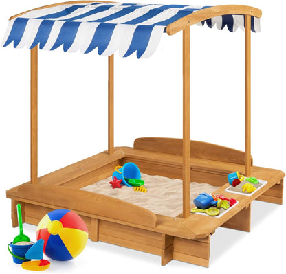 Kids Wooden Cabana Sandbox Play Station for Children, Outdoor, Backyard W/ 2 Bench Seats, Uv-Resistant Canopy Shade, Fabric Sandpit Cover, 2 Side Buckets - Natural