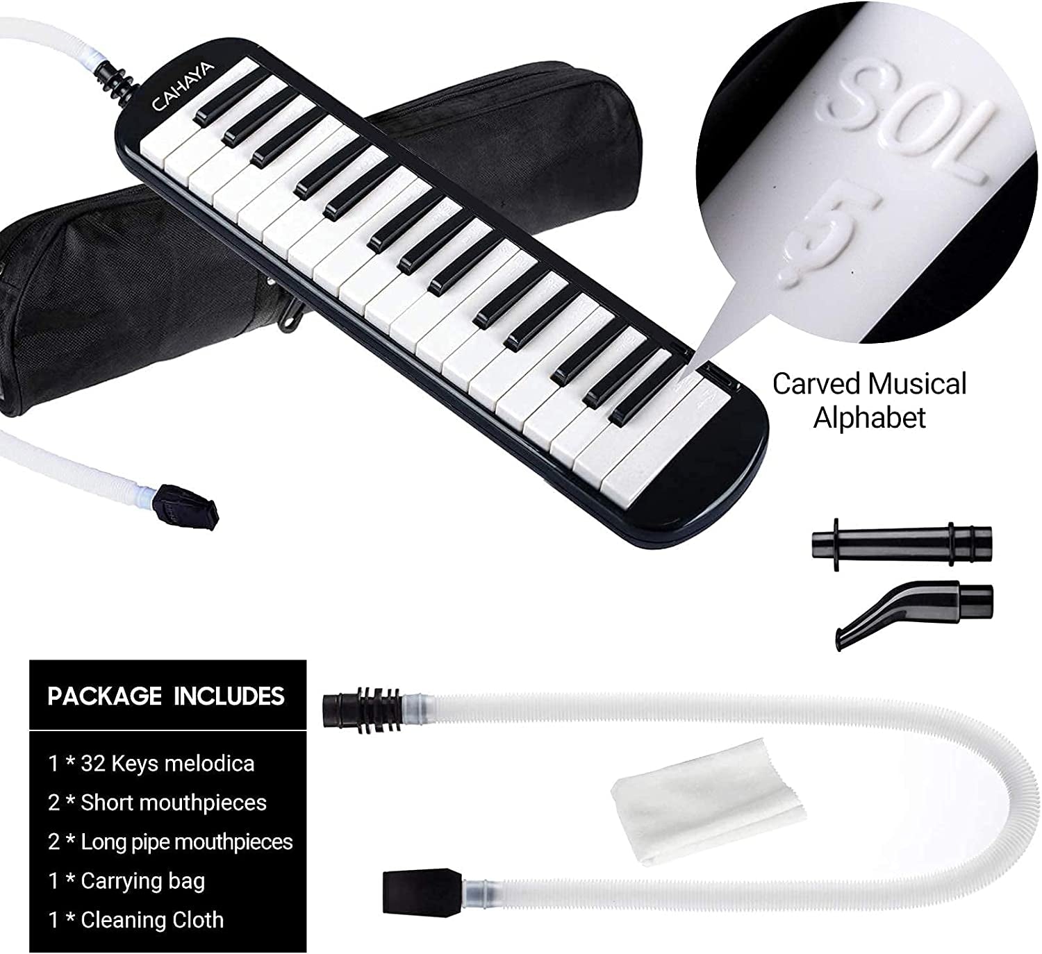 Melodica 32 Keys Double Tubes Mouthpiece Air Piano Keyboard Musical Instrument with Carrying Bag 32 Keys, Black, CY0050-1