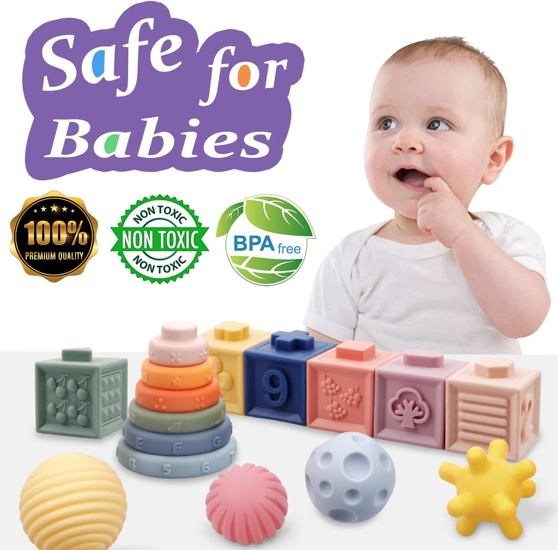 Montessori Toys for Babies,Soft Stacking Building Blocks Rings Balls Sets,3 in 1 Baby Toys Bundle,Sensory Toys for 6-12 Months, Soft Teething Toys for Babies,Baby Toys Gifts for Boy Girl