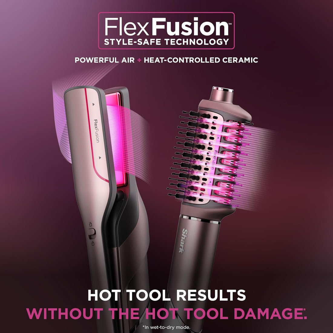 Flexfusion Hair Straightener &amp; Powerful Hair Dryer with Fusion Hair Brush, Ceramic Air Styler with Auto-Wrap Hair Curlers &amp; Concentrator, Ceramic Plates, Cosmic Blush HD641S