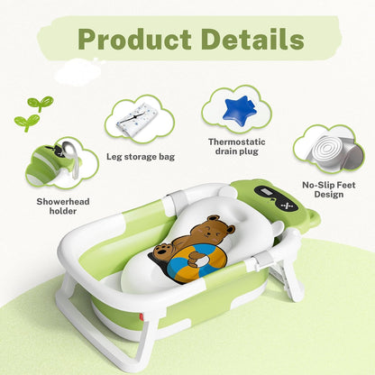 AVIDR Baby Bathtub,Collapsible Bathtub for Newborn to Toddler,Durable Essential Infant Bath Tub,Portable Travel Baby Tub with Soft Cushion,No-Slip Hanging and Detachable(Green)