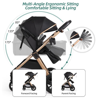 6-In-1 Convertible Baby Stroller with Bassinet Mode - Toddler Stroller W/Footmuff, Rain Cover, Cup Holder &amp; Large Storage, Newborn Stroller W/All-Scene Large Wheels, Reversible Seat(Black)