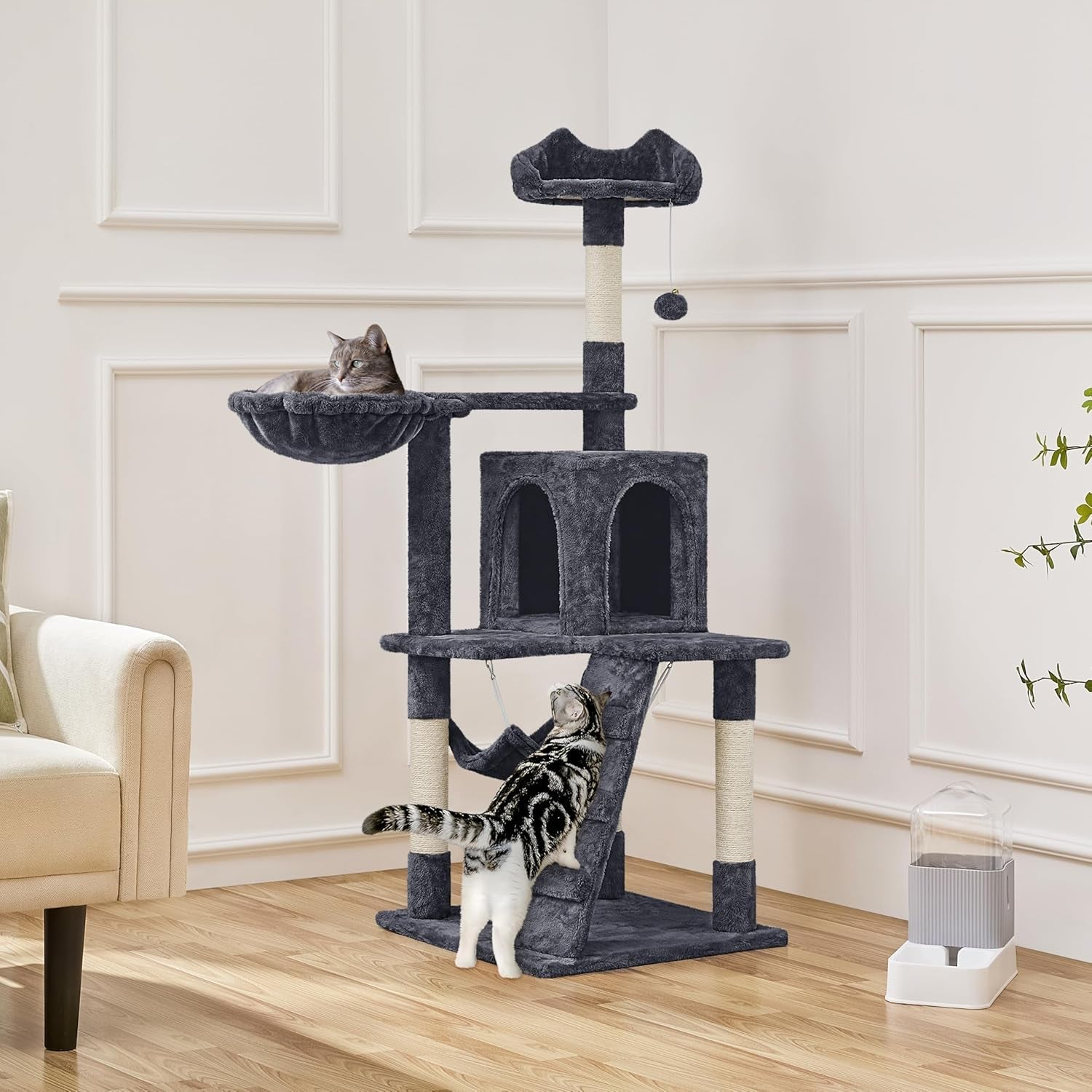 Cat Tree, 54In Tall Cat Tower for Indoor Cats, Multi-Level Cat Furniture with Extended Platform &amp; Basket, Spacious Cat Condo, Funny Hammock, Scratching Posts and Ladder for Kittens