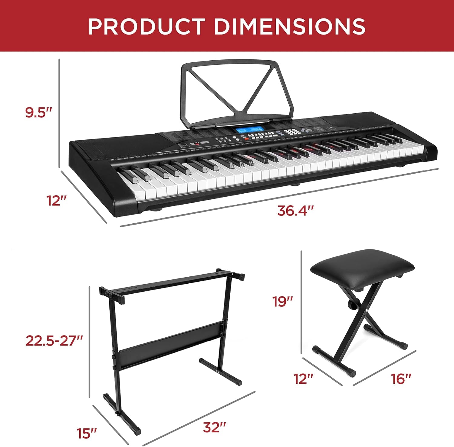 61-Key Beginners Complete Electronic Keyboard Piano Set W/Lighted Keys, LCD Screen, Headphones, Stand, Bench, Teaching Modes, Note Stickers, Built-In Speakers - Black