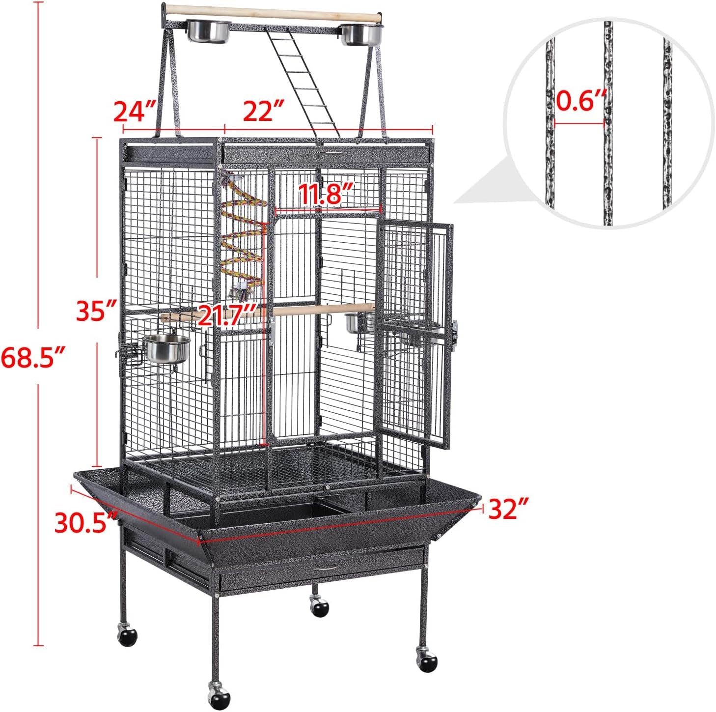 69-Inch Wrought Iron Rolling Large Parrot Bird Cage for African Grey Small Quaker Amazon Cockatiel Sun Parakeet Green Cheek Conure Dove Lovebird Budgie Play Top with Stand