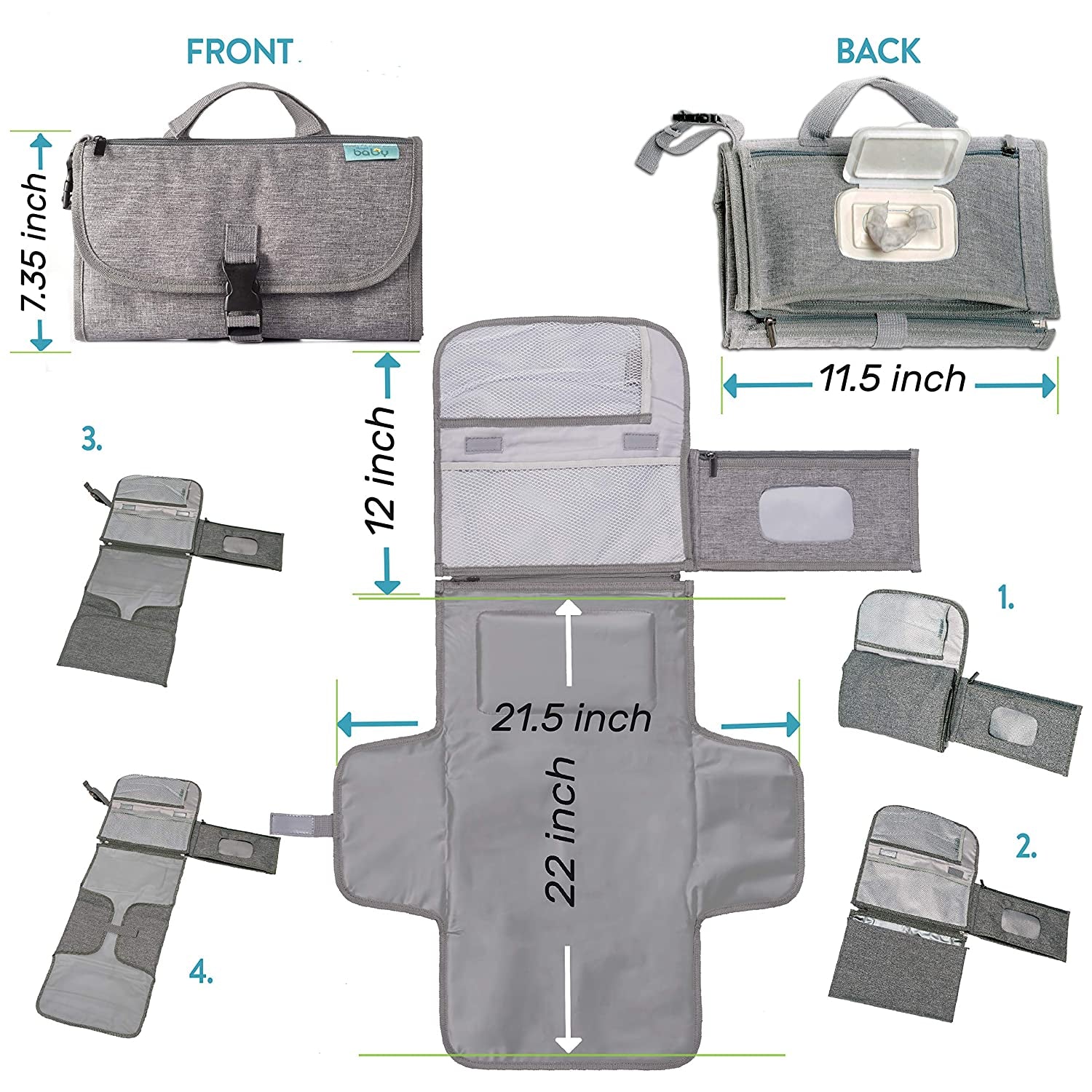 Portable Diaper Changing Pad - Baby Diaper Changer Travel Bag with Wipes Pocket, Smart Design Portable Changing Mat, Infant Travel Station Kit, Gift for Newborn Girl &amp; Boy - Grey, Classic