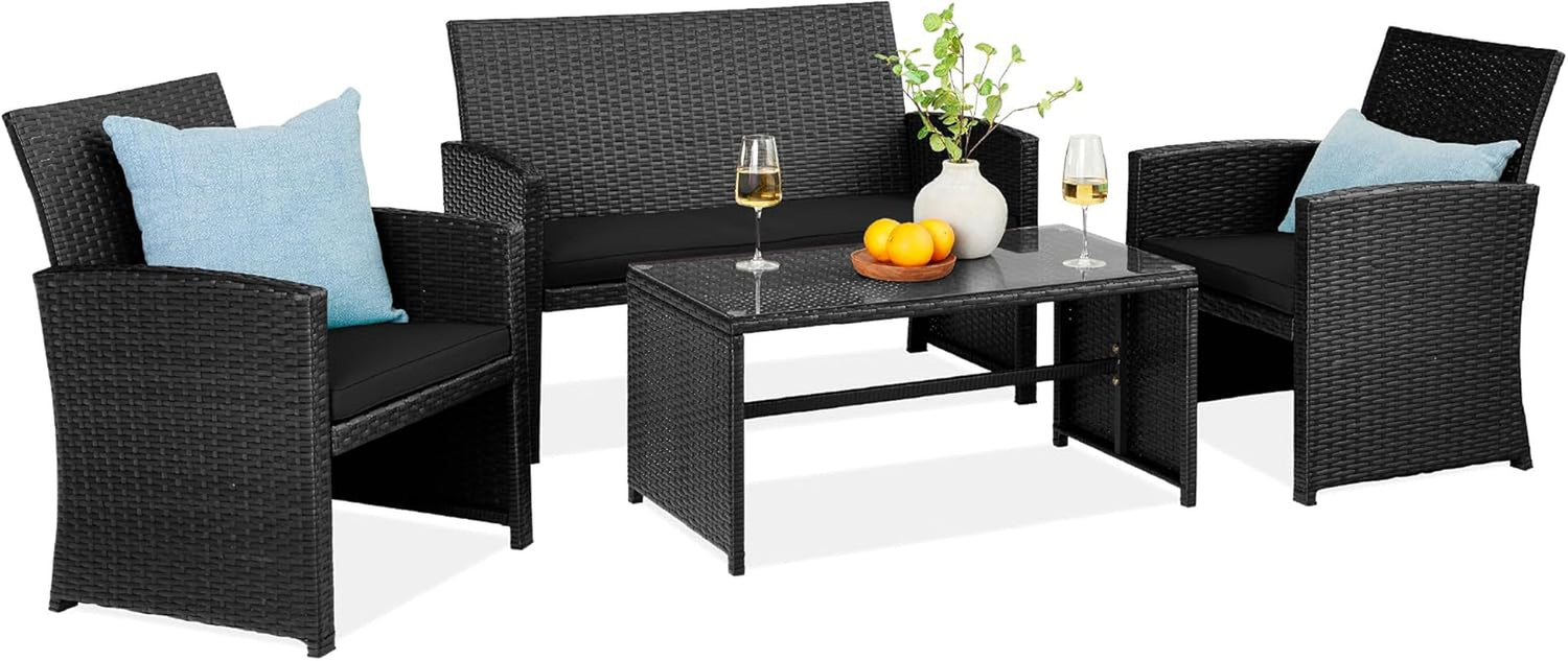 4-Piece Outdoor Wicker Patio Conversation Furniture Set for Backyard W/Coffee Table, Seat Cushions - Gray/Navy